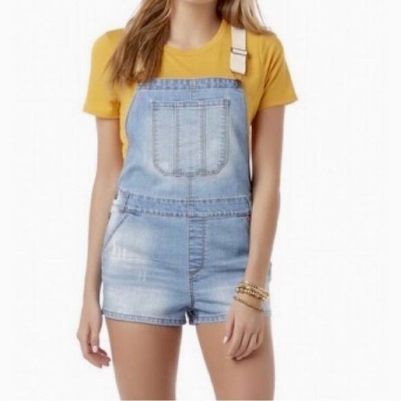 Bongo Distressed stretch denim jean shorts Shortalls Short overalls juniors 1 S - Picture 1 of 6